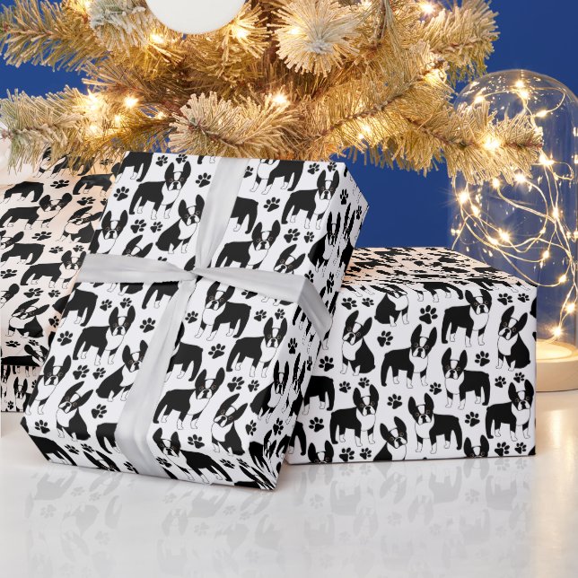 Black and White Boston Terrier Dogs Wrapping Paper (Holidays)
