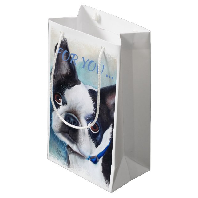 BLACK AND WHITE BOSTON TERRIER SMALL GIFT BAG (Front Angled)