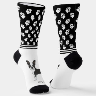 Black And White Boston Terrier With Name And Paws Socks