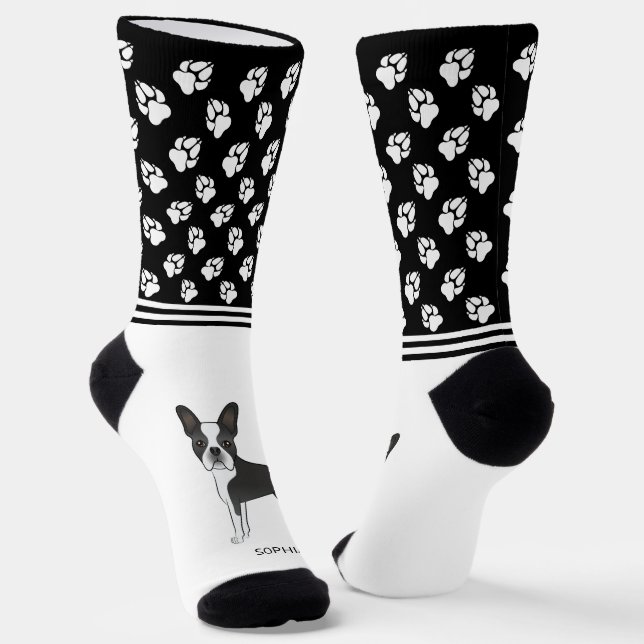 Black And White Boston Terrier With Name And Paws Socks (Angled)