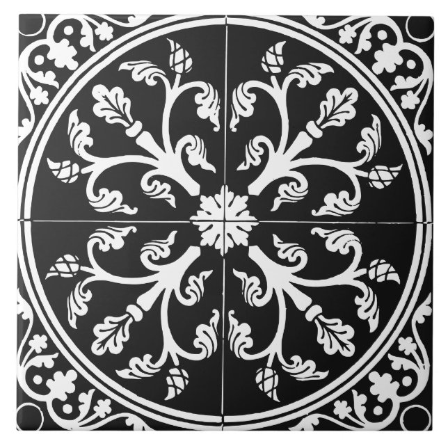 Black and White Botanical Abstract Circle Vintage Tile (Front)