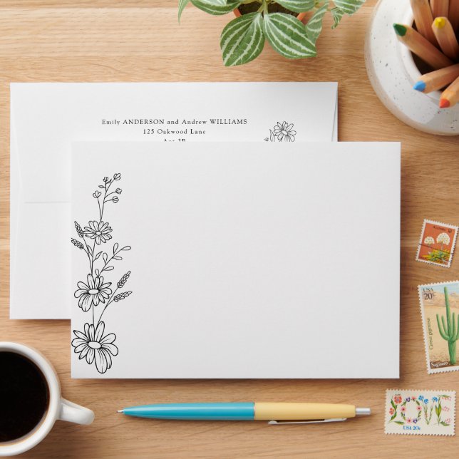 Black and White Botanical Daisy Garden Wedding Envelope (Desk)