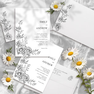 Black and White Botanical Daisy Garden Wedding Invitation