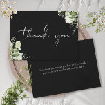 Black And White Botanical Greenery Elegant Script Thank You Card<br><div class="desc">Featuring delicate watercolor greenery and elegant script thank-you script on a black background. You can personalise with your own thank you message on the reverse,  or if you prefer to add your handwritten message,  delete the text. A perfect way to say thank you! Designed by Thisisnotme©</div>