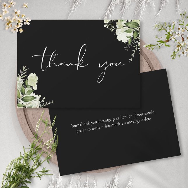 Black And White Botanical Greenery Elegant Script Thank You Card (Creator Uploaded)