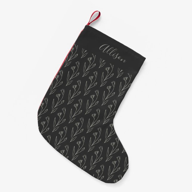 Black and White Botanical Line Art Personalised   Small Christmas Stocking (Front (Hanging))