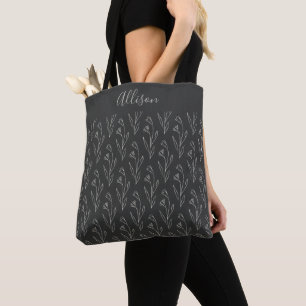 Black and White Botanical Line Art Personalised Tote Bag