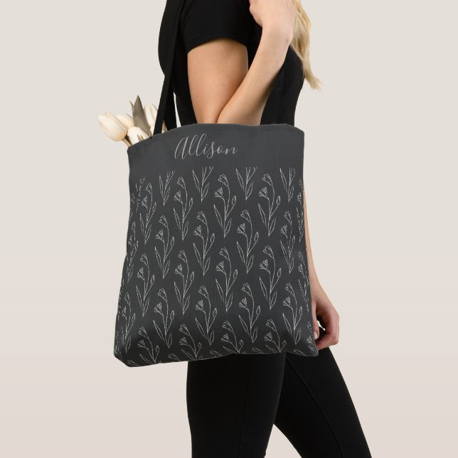 Black and White Botanical Line Art Personalised Tote Bag (Close Up)
