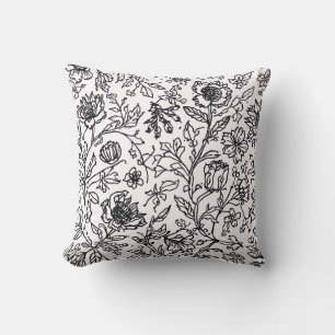 Black and White Botanical Line Art Style Cushion