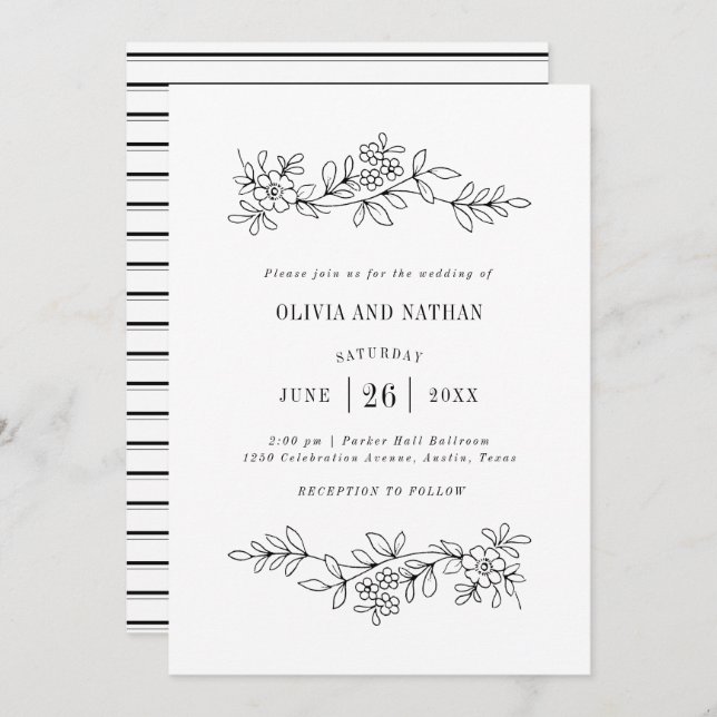 Black and White Botanical Line Drawings | Wedding Invitation (Front/Back)