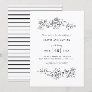 Black and White Botanical Line Drawings   Wedding Invitation