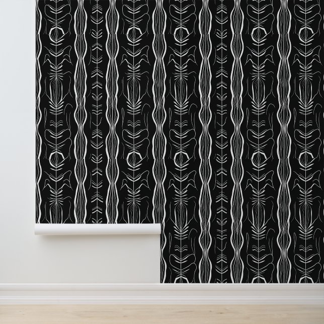 Black and White Botanical Line Pattern Wallpaper (Application)