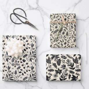 Black and White Botanical Pattern Rustic Christmas Wrapping Paper Sheet