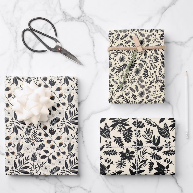 Black and White Botanical Pattern Rustic Christmas Wrapping Paper Sheet (Front)