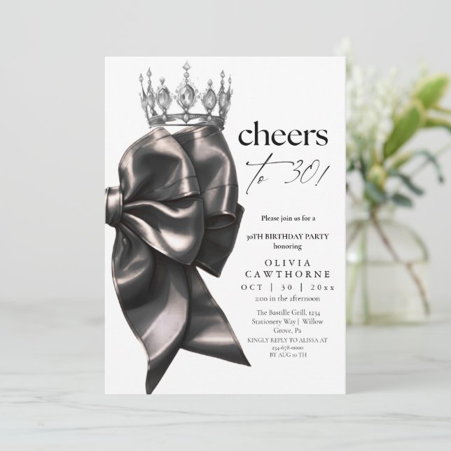 Black and White Bow 30th Birthday Party Invitation (Standing Front)