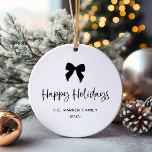 Black and White   Bow and Photo Happy Holidays Ceramic Tree Decoration