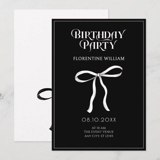 Black and white bow ribbon birthday invitation (Front/Back)