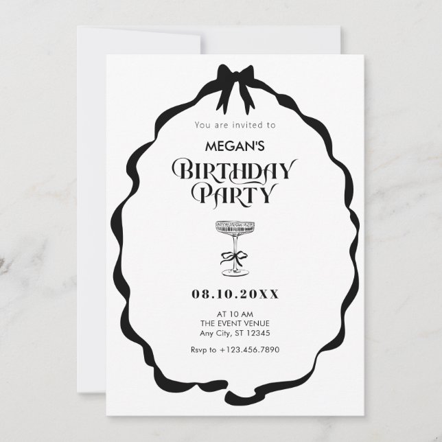 Black and white bow ribbon Birthday party Invitation (Front)