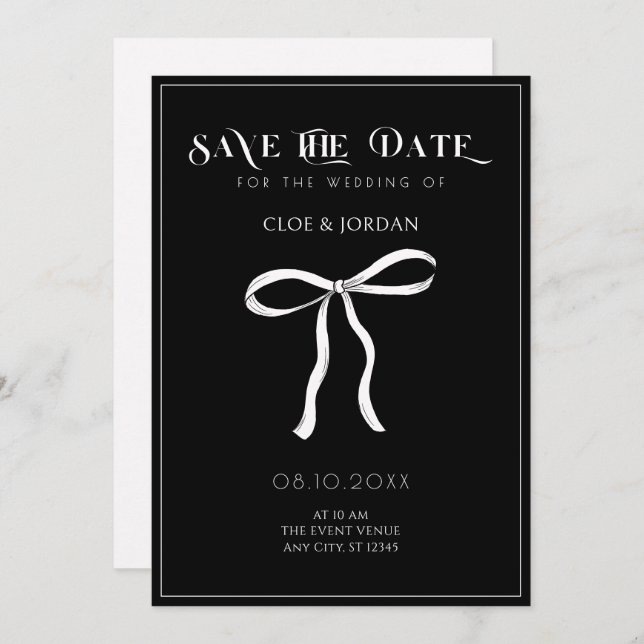 Black and white bow ribbon wedding save the date (Front/Back)