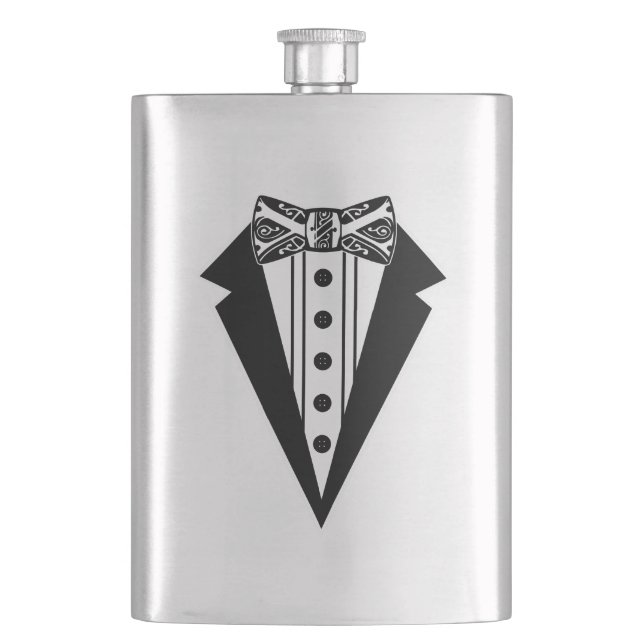 Black and White Bow Tie with Tux Hip Flask (Front)