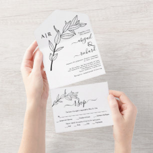 Black and white branch with leaves fall wedding  all in one invitation