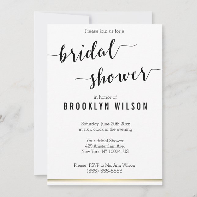 Black And White Bridal Shower Invites Gold Lines (Front)