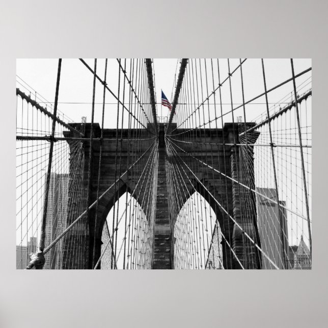 Black and White Brooklyn Bridge w/Colour Flag Poster (Front)