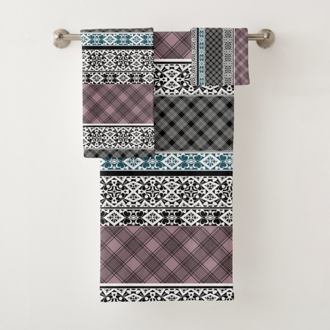 Black and white brown patchwork lace bath towel set (Insitu)