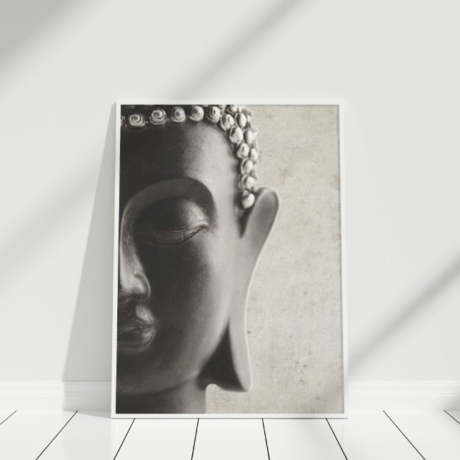 Black and White Buddha Face Poster (Black and White Buddha Face Poster in white frame.)
