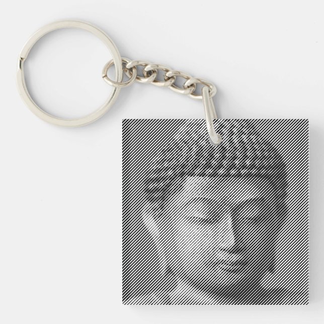 Black And White Buddha Face Statue Formed By Lines Key Ring (Front)