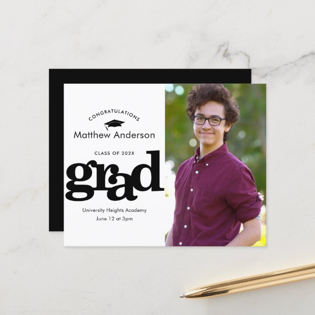 Black and white budget photo graduation invitation (Front/Back In Situ)