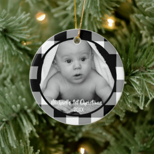 Black and White Buffalo Check Baby's 1st Christmas Ceramic Tree Decoration