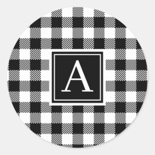 Black and White Buffalo Check Monogram Classic Round Sticker