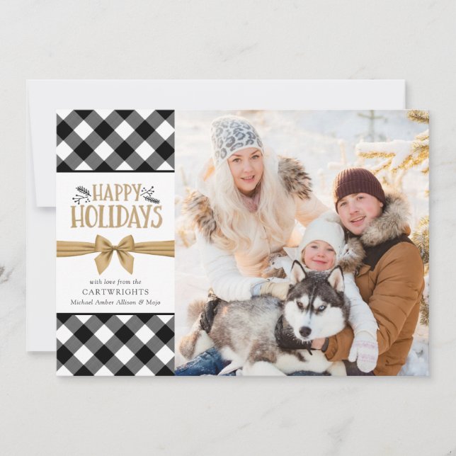 Black and White Buffalo Check Plaid Brown Kraft Holiday Card (Front)