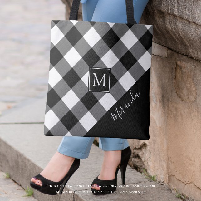 Black and White Buffalo Check Plaid Monogram Name Tote Bag (Creator Uploaded)