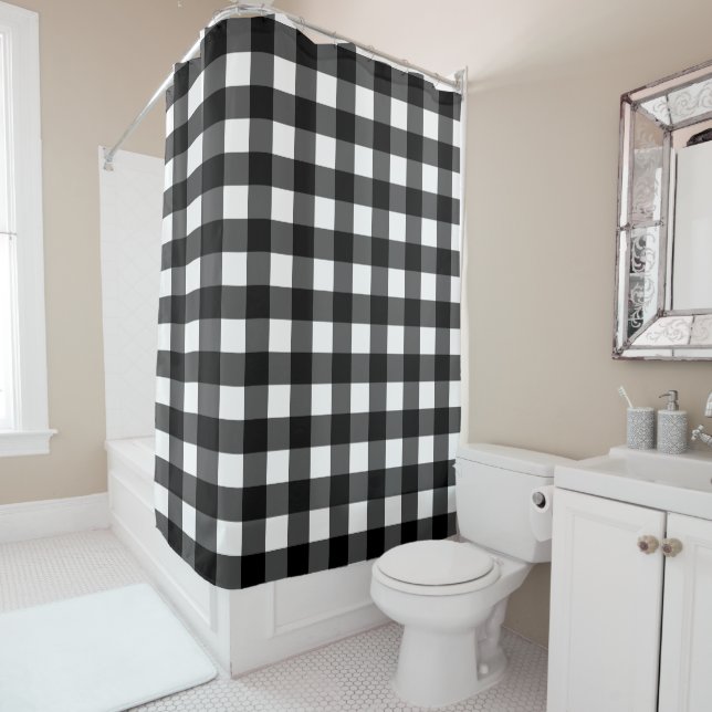 Black and White Buffalo Check Shower Curtain (In Situ)
