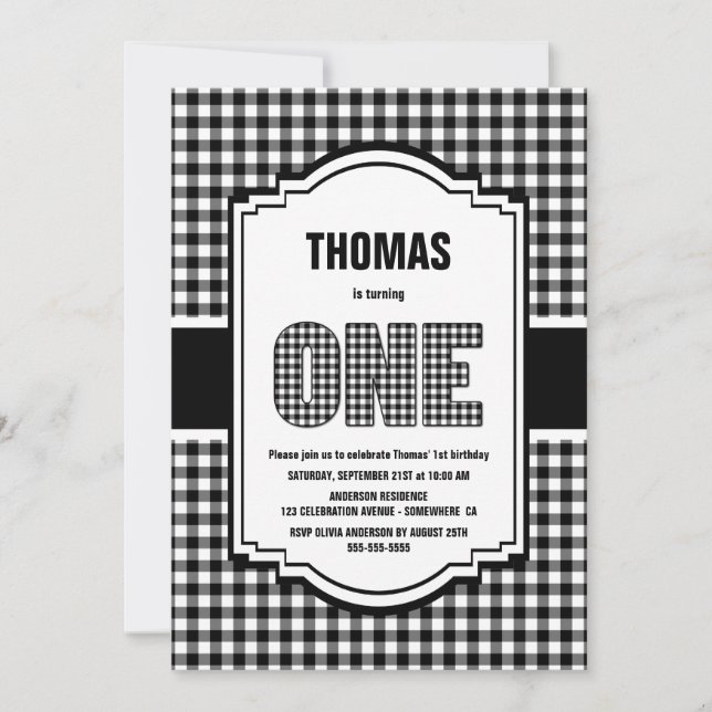Black and White Buffalo Plaid 1st Birthday Party Invitation (Front)