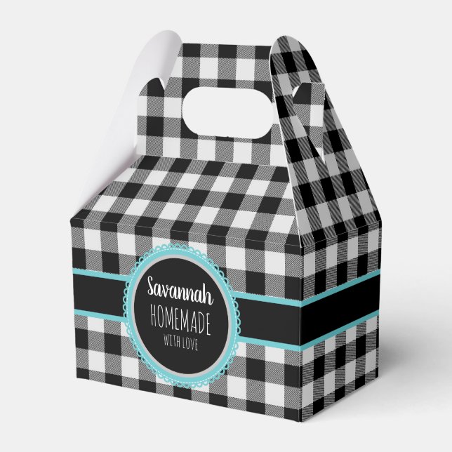 Black and white Buffalo Plaid and Teal Favour Box (Front Side)