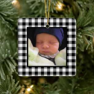 Black and White Buffalo Plaid Baby's 1st Christmas Ceramic Ornament