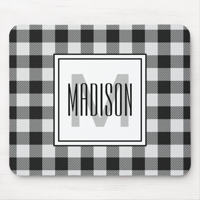 Black and White Buffalo Plaid/Check Monogrammed Mouse Mat (Front)