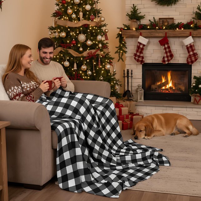 Black and White Buffalo Plaid Christmas Check Fleece Blanket (Creator Uploaded)