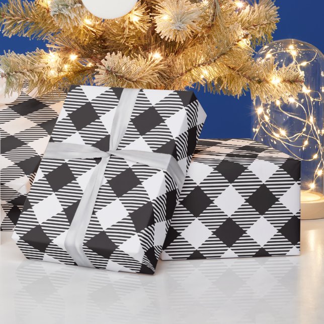 Black and White Buffalo Plaid Christmas Holiday Wrapping Paper (Holidays)