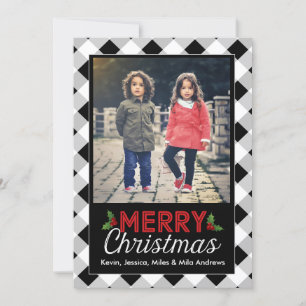 Black and White Buffalo Plaid Christmas Photo Card