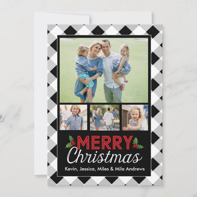 Black and White Buffalo Plaid Christmas Photo Card (Front)