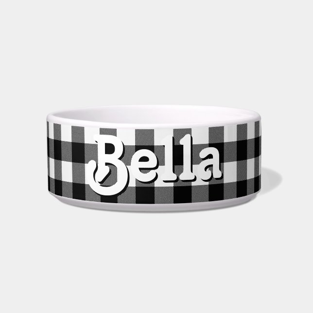 Black and White Buffalo Plaid Custom Dog Food Bowl (Front)