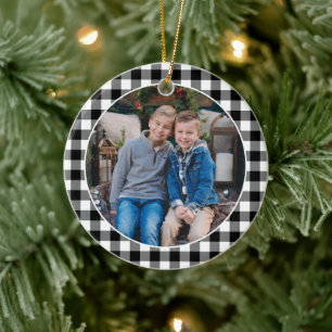 Black and White Buffalo Plaid Custom Holiday Photo Ceramic Tree Decoration
