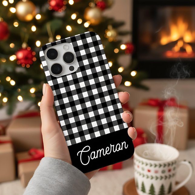 Black and White Buffalo Plaid Custom Name Case-Mate iPhone Case (Creator Uploaded)