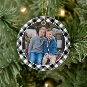 Black and White Buffalo Plaid Family Holiday Photo Ceramic Tree Decoration
