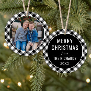Black and White Buffalo Plaid Family Name Photo Ornament
