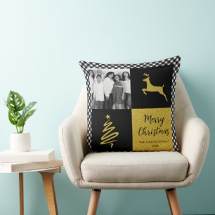 Black and White Buffalo Plaid Gold Holiday Photo Cushion